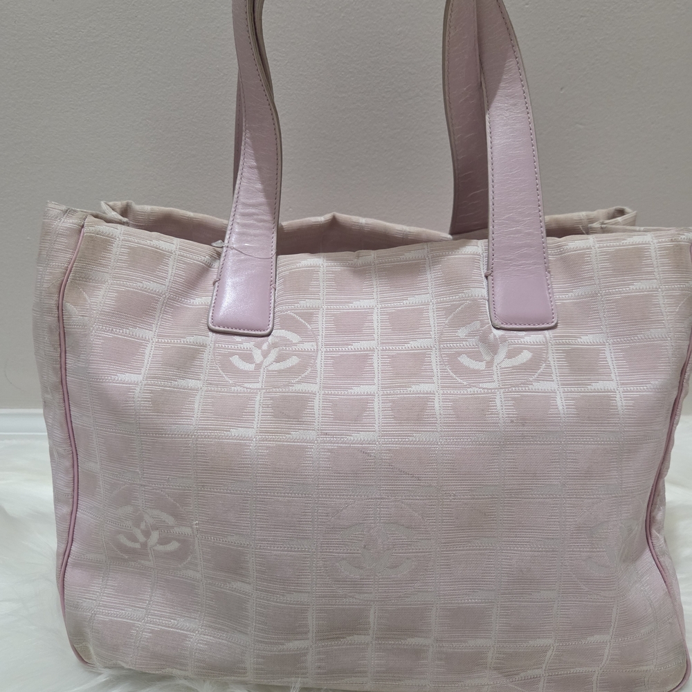 Chanel New Travel Line Tote Bag in Litle Dusty Pink Nylon with Leather Trim. 